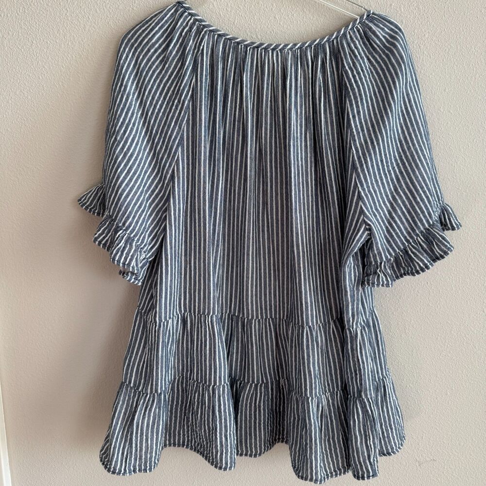 Beach Lunch Lounge Blue Stripe Cotton Peplum Top XL Coastal Boho Breezy Blouse - Picture 2 of 6